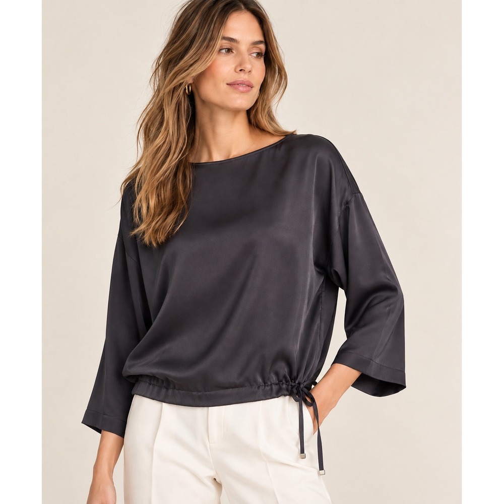 NWT Pluto Lingerie Jafna Top Medium Dark Grey Satin Drawstring Hem Long Sleeve